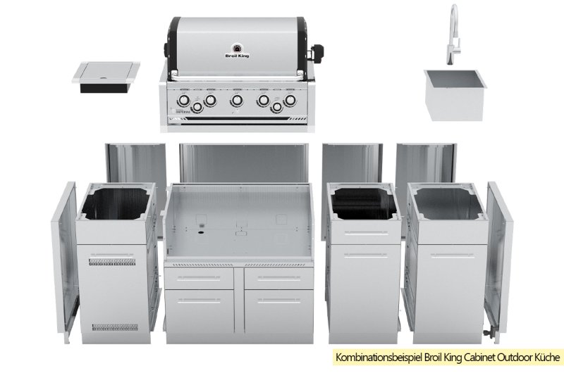 Broil King Outdoor Küche Komplettset mit Imperial S570 PRO Built In Gasgrill mit Drehspieß, Gasflaschenschrank und 3er Schubladenschrank - ohne Arbeitsplatte
