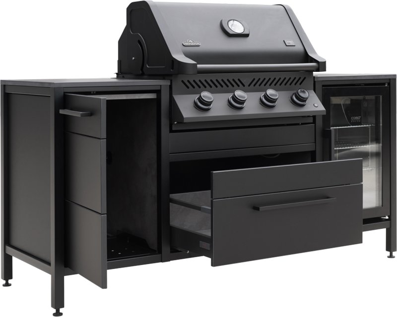 BURN Outdoorkitchen: BURN BBQ Block inkl. Napoleon Prestige 500 Shadow und CASO Design Barbecue Cooler 63 Liter