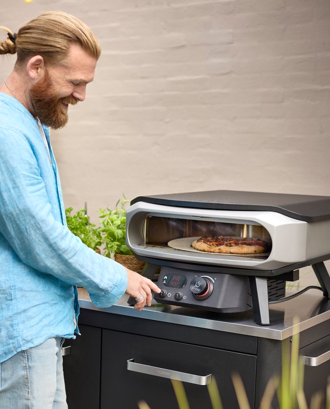 COZZE Pizzaofen elektrisch PREMIUM 42,5 cm (17") mit drehbarem Pizzastein & Digital-Thermometer - inkl. Hitzeschild