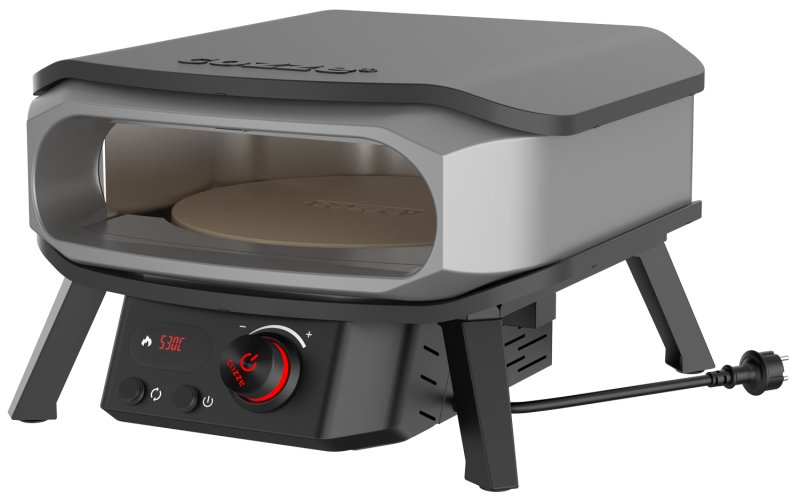 COZZE Pizzaofen elektrisch PREMIUM 34 cm (13") mit drehbarem Pizzastein & Digital-Thermometer - inkl. Hitzeschild