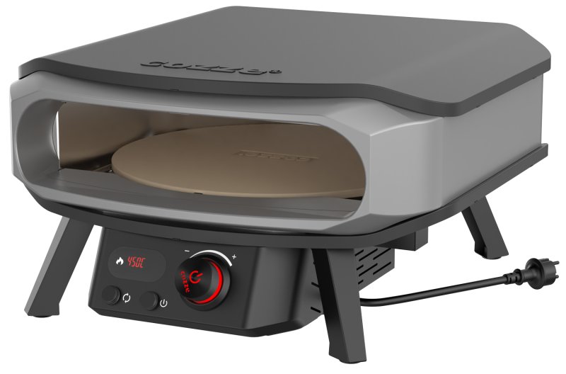 COZZE Pizzaofen elektrisch PREMIUM 42,5 cm (17") mit drehbarem Pizzastein & Digital-Thermometer - inkl. Hitzeschild
