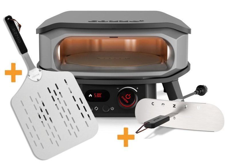 COZZE Pizzaofen elektrisch PREMIUM 34 cm (13") mit drehbarem Pizzastein & Digital-Thermometer - inkl. Hitzeschild + Pizzaschieber