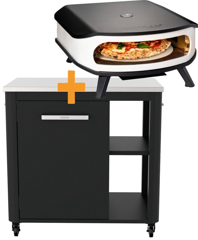 COZZE Pizzastation mit Gas Pizzaofen 42,5 cm (17") mit Thermometer & rotierendem Pizzastein - inkl. Hitzeschild und Schrankmodul 90 cm