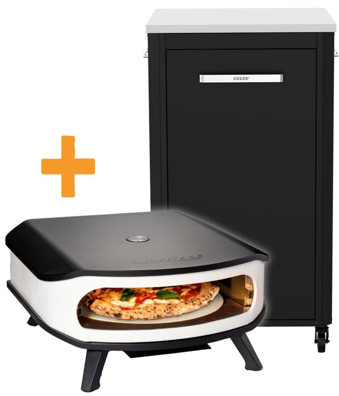 COZZE Pizzaofen Gas 42,5 cm (17") mit Thermometer & rotierendem Pizzastein - inkl. Hitzeschild & Schrankmodul 1-türig