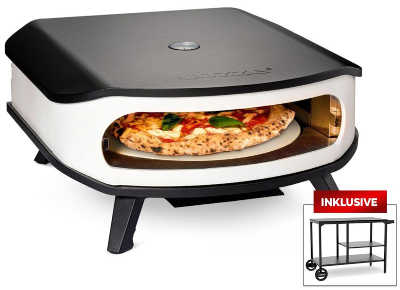 COZZE Pizzaofen Gas 42,5 cm (17") - mit rotierendem Pizzastein - inkl. Hitzeschild + BBQ Station - Grill Beistelltisch mit Rädern