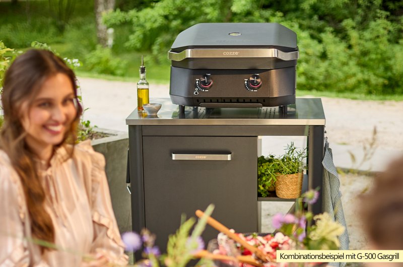 COZZE Pizzastation mit Gas Pizzaofen 42,5 cm (17") mit Thermometer & rotierendem Pizzastein - inkl. Hitzeschild und Schrankmodul 90 cm