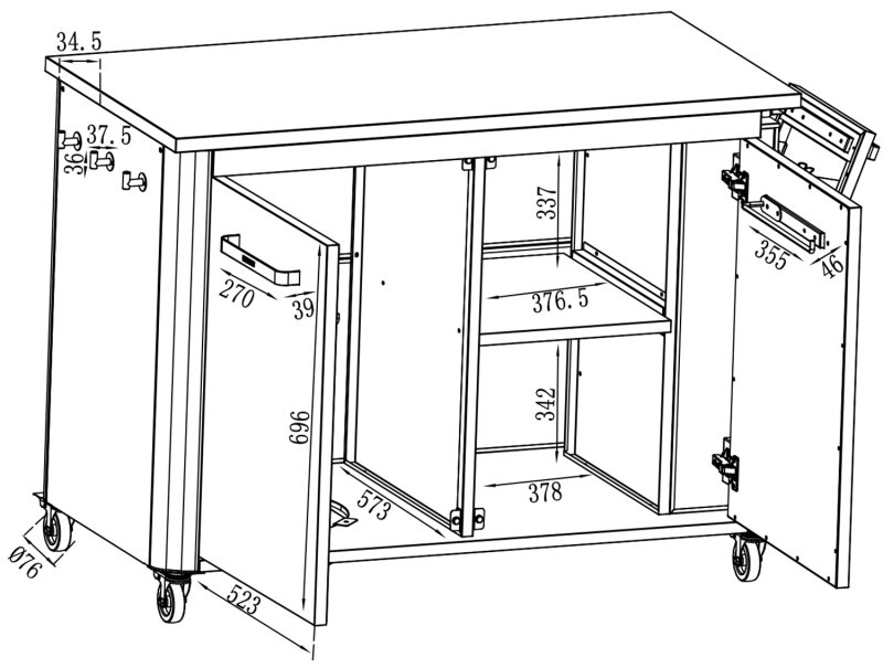 COZZE Outdoor Küche: Schrankmodul 2-türig mit Edelstahl Arbeitsfläche / 120 x 60 x 90 cm