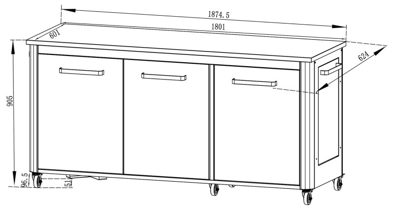 COZZE Outdoor Küche: Schrankmodul 3-türig mit Edelstahl Arbeitsfläche / 180 x 60 x 90 cm