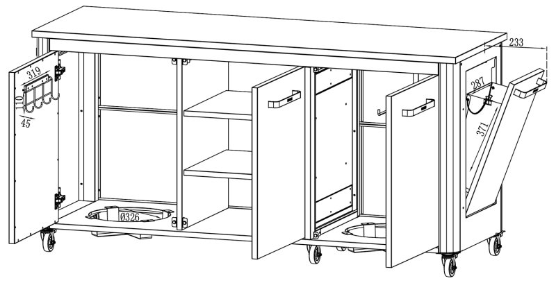 COZZE Outdoor Küche: Schrankmodul 3-türig mit Edelstahl Arbeitsfläche / 180 x 60 x 90 cm