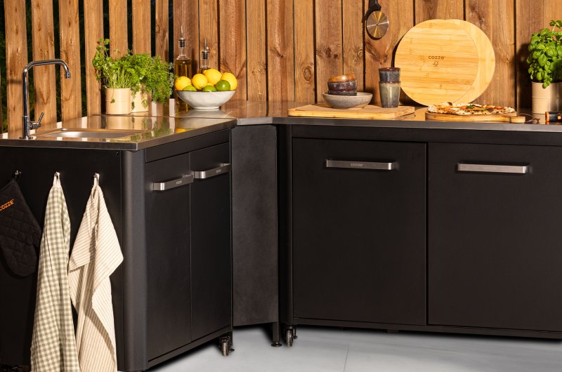 COZZE Outdoor Küche (L-förmig) mit Edelstahl Arbeitsfläche & Spüle - 160 x 190 cm