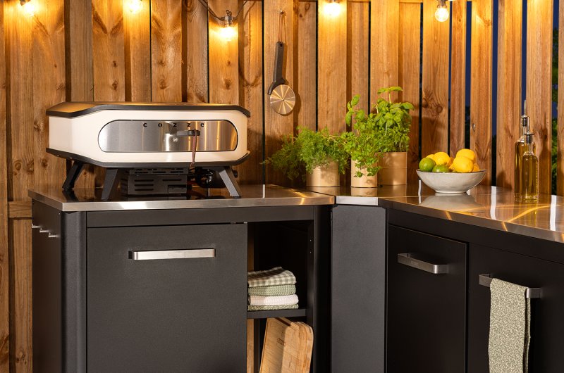 COZZE Outdoor Küche (L-förmig) / 160 x 190 cm - inkl. COZZE Gas Pizzaofen 42,5 (17") mit rotierendem Pizzastein