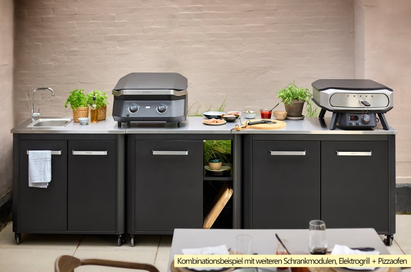 COZZE Pizzastation mit Gas Pizzaofen 42,5 cm (17") mit Thermometer & rotierendem Pizzastein - inkl. Hitzeschild und Schrankmodul 90 cm