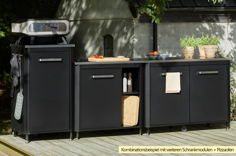 COZZE Pizzastation mit Gas Pizzaofen 42,5 cm (17") mit Thermometer & rotierendem Pizzastein - inkl. Hitzeschild und Schrankmodul 90 cm