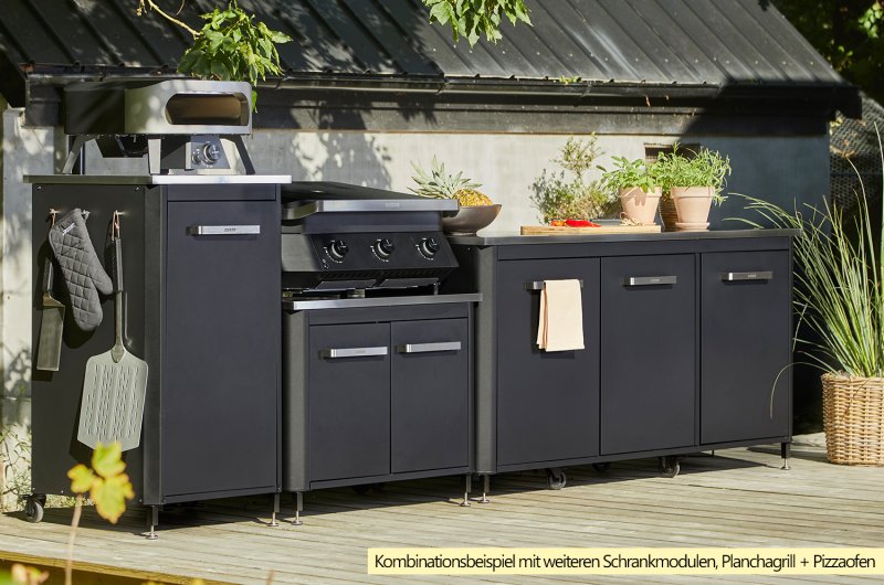 COZZE Outdoor Küche: Schrankmodul 3-türig mit Edelstahl Arbeitsfläche / 180 x 60 x 90 cm