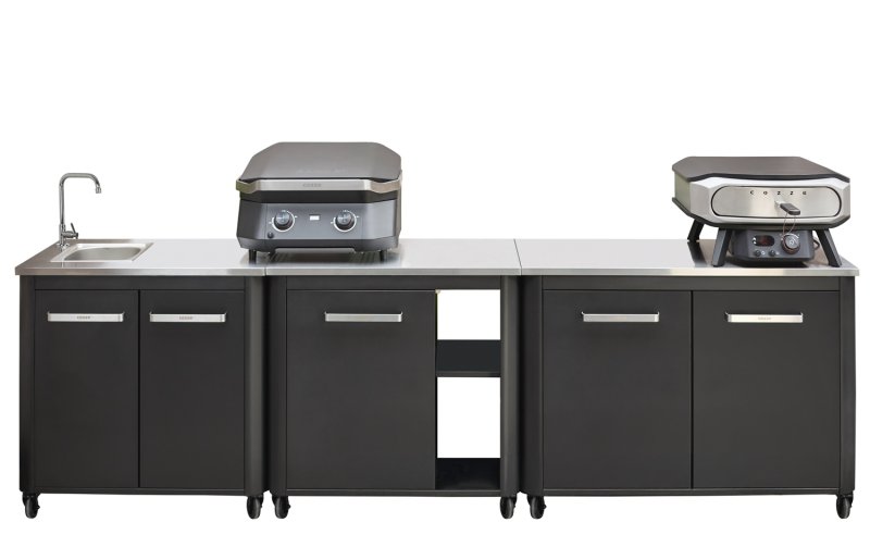 COZZE Outdoorküche mit Spüle / 300 x 60 x 90 cm - inkl. COZZE E-500 Elektrogrill + Elektro Pizzaofen 42,5 (17") mit rotierendem Pizzastein