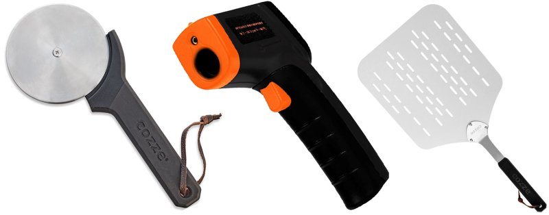 COZZE Pizzaofen Gas 42,5 cm (17") - mit rotierendem Pizzastein - inkl. Hitzeschild + Starter Kit: Pizzaschieber, Pizzaschneider und Infrarot Thermometer