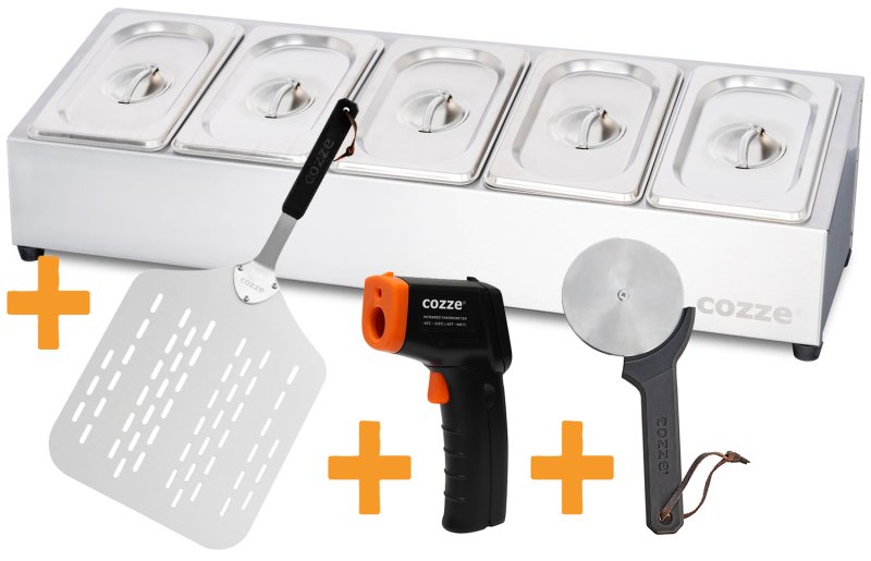 COZZE XL Pizzaofen Zubehör Set: Pizza-Station mit 5 Behältern und Deckeln, Pizzaschieber, Pizzaschneider und Infrarot Thermometer