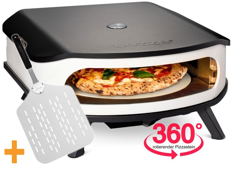 COZZE Pizzaofen Gas 42,5 cm (17") mit Thermometer & rotierendem Pizzastein - inkl. Hitzeschild + Pizzaschieber