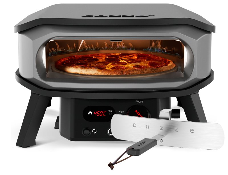 COZZE Pizzaofen Gas PREMIUM 34 cm (13") mit drehbarem Pizzastein & Digital-Thermometer - inkl. Hitzeschild