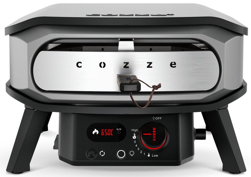 COZZE Pizzaofen Gas PREMIUM 34 cm (13") mit drehbarem Pizzastein & Digital-Thermometer - inkl. Hitzeschild