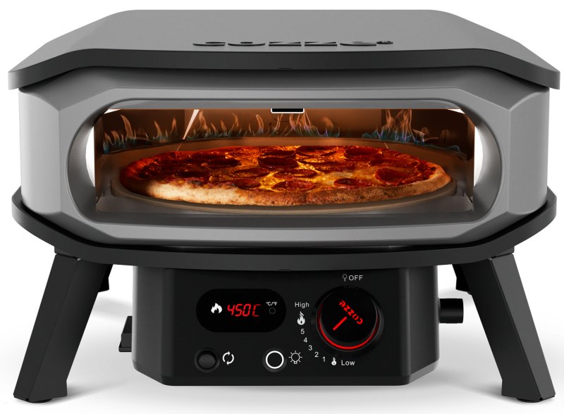 COZZE Pizzaofen Gas PREMIUM 34 cm (13") mit drehbarem Pizzastein & Digital-Thermometer - inkl. Hitzeschild