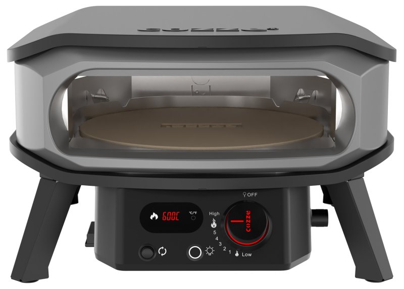 COZZE Pizzaofen Gas PREMIUM 34 cm (13") mit drehbarem Pizzastein & Digital-Thermometer - inkl. Hitzeschild