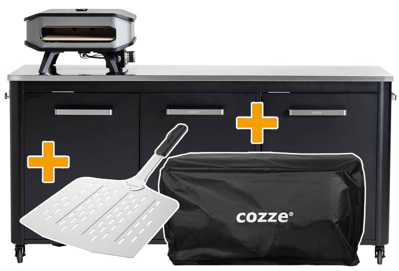 COZZE Gas Pizzaofen 34 cm (13") mit Thermometer & Pizzastein - SET inkl. Outdoor Unterschrank (3-türig), Abdeckhaube und Pizzaschieber