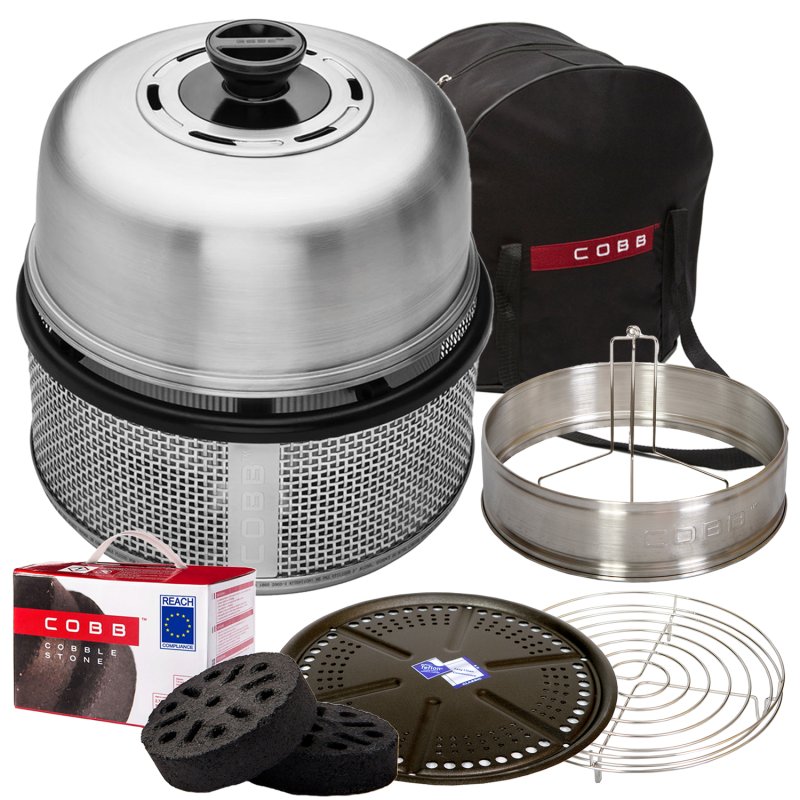 Cobb Grill Premier AIR Deluxe Holzkohlegrill - inkl. Tragetasche, Grillplatte, Bratenrost, Garraumerweiterung mit Hähnchenhalter, 1x Cobble Stones 6er