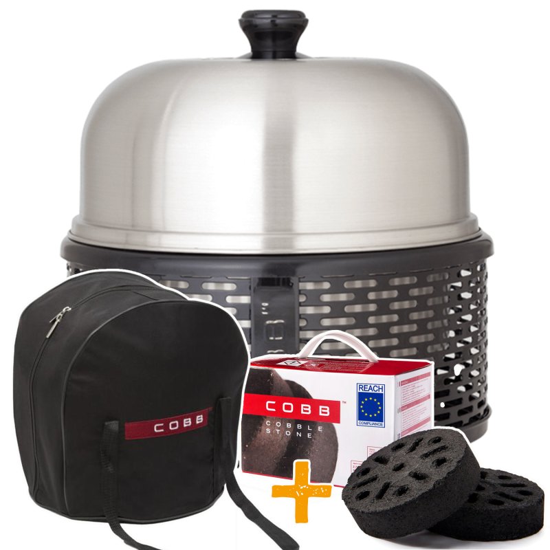 Cobb Grill Pro Black Holzkohlegrill - inkl. Grillplatte gelocht, Tragetasche & Cobble Stones (6 Stück)