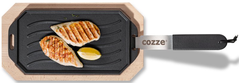 COZZE Gusseisenpfanne mit Holzuntersetzer - 33 x 16,5 cm