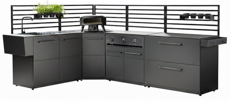 Cozze Outdoor Küche Elements (L-förmig) 290 x 200 cm - mit Combo 900, Pizzaofen 13" Black Edition & Spüle