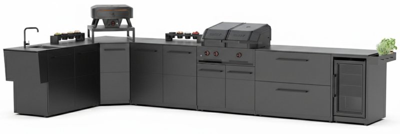 Cozze Outdoor Küche Elements (L-förmig) 452 x 200 cm - mit Quattro 900, Pizzaofen 17" Black Edition, Kühlschrank & Spüle