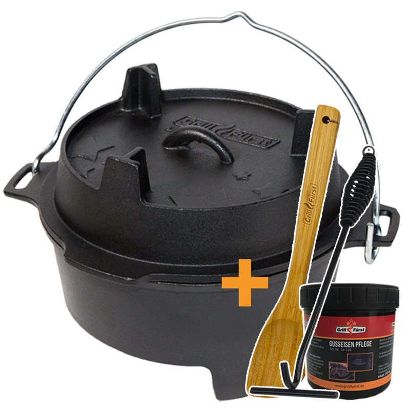 Grillfürst Dutch Oven Set BBQ Edition DO4 - X-Deal inkl. Pflegepaste, Deckelheber und Kochlöffel