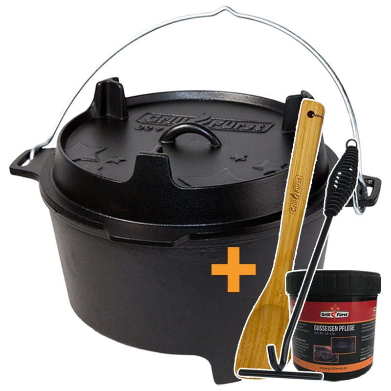 Grillfürst Dutch Oven BBQ Edition DO9 - X-Deal inkl. Pflegepaste, Deckelheber und Kochlöffel