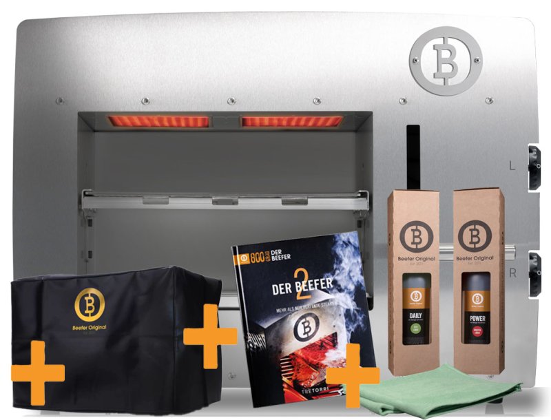 E-Beefer XL Indoor Elektrogrill - 800 Grad Oberhitzegrill - inkl. Abdeckhaube, Beefer Buch 2 und Reinigungsset