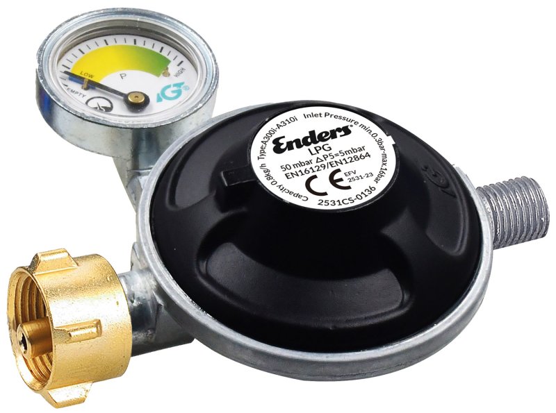 Enders Gasdruckregler 50mbar mit Manometer und integrierter Schlauchbruchsicherung / KLF x 1/4'' LH