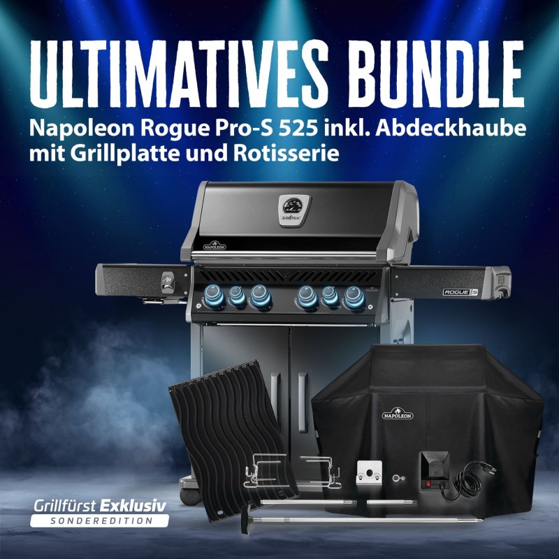Napoleon Rogue PRO-S 525 Gasgrill - mit SIZZLE ZONE™ und Heckbrenner - Grillfürst Edition inkl. Abdeckhaube - mit zusätzlicher Grillplatte und Rotisserie