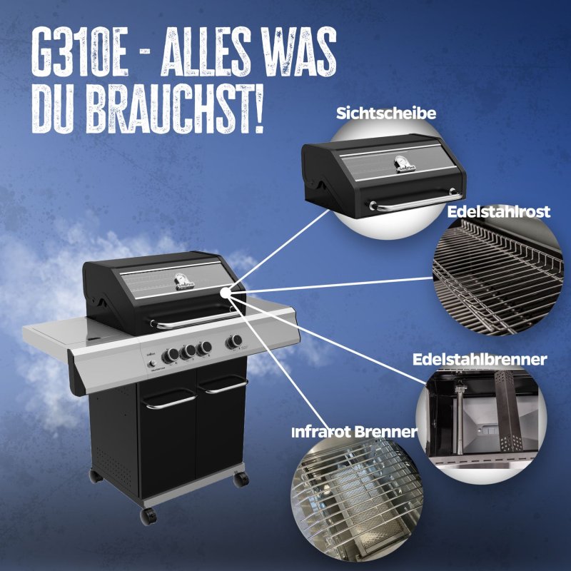 Grillfürst G310E 3-Brenner Gasgrill mit Hochtemperaturbrenner und Edelstahl Rosten - inkl. Abdeckhaube