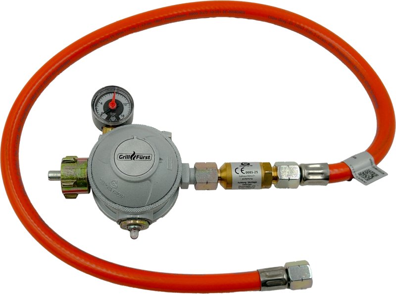 Grillfürst Ersatzteil: Sicherheits - Gasregler / Druckminderer 50 mbar mit Schlauchbruchsicherung und Schlauch - G210 / G310 / G401 / G410 / G510 / G510 Feuerwehrgrill / G520 / G521 / G620 / G621 / P330 / P530 / P830 / P530 Smart
