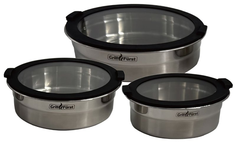 Grillfürst BBQ 3er Edelstahlschüssel Set mit Glasdeckel - flacher Boden