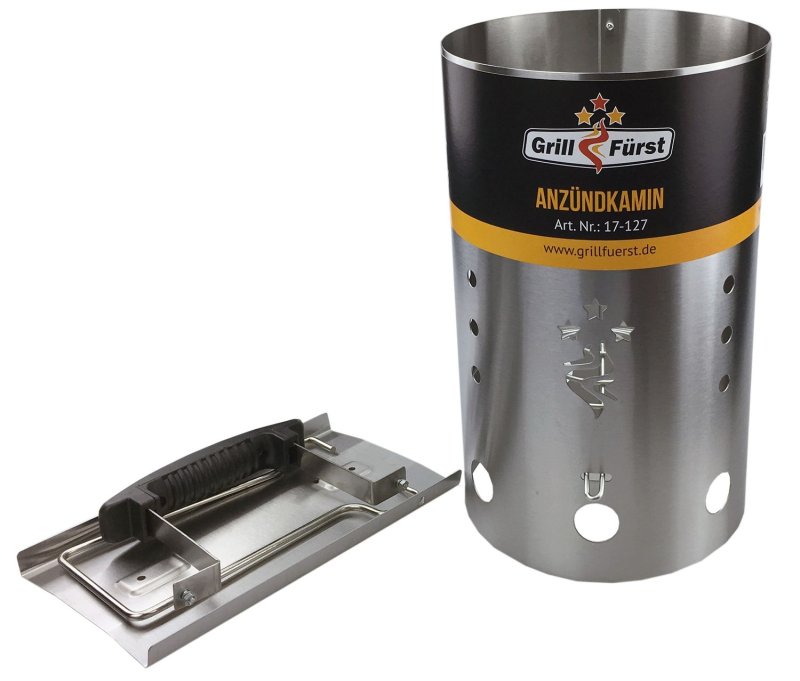 Grillfürst Anzündkamin Premium Edelstahl, Durchmesser 19 cm, Höhe 30,5 cm, mit Sicherheitsgriff