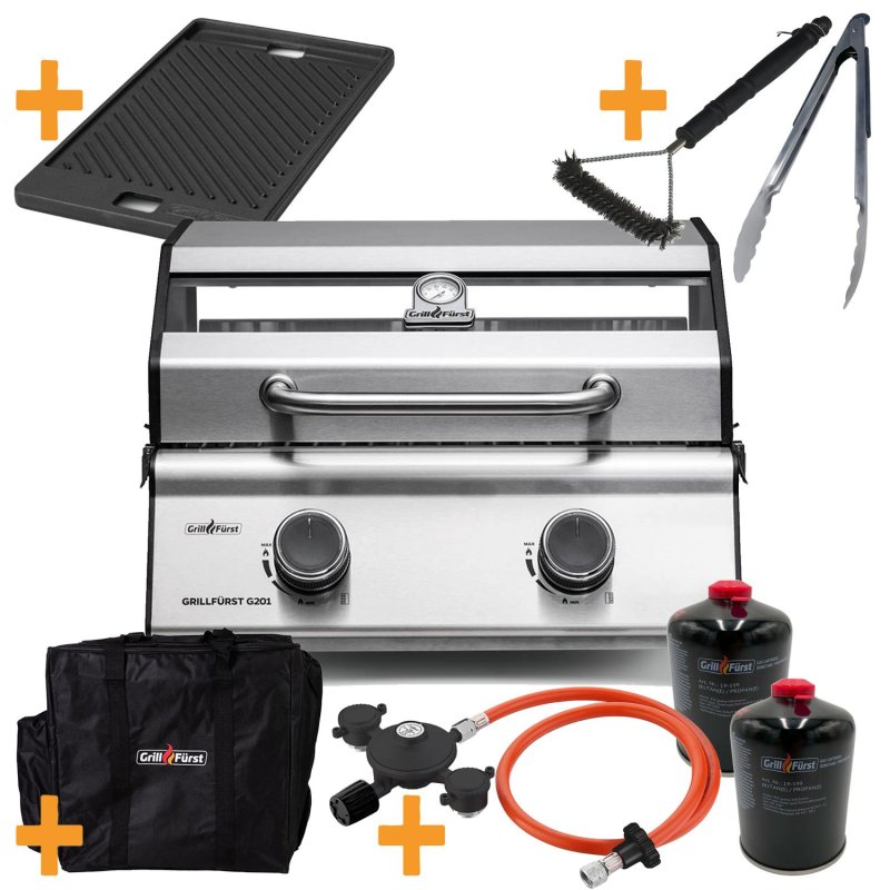 Grillfürst G201E 2-Brenner Gasgrill / Campinggrill / Balkongrill 50mbar - CAMPING SET ALL INCLUSIVE - inkl. Tragetasche, Kartuschen-Druckregler, 2 Gaskartuschen, Gussplatte, Grillzange und Grillbürste