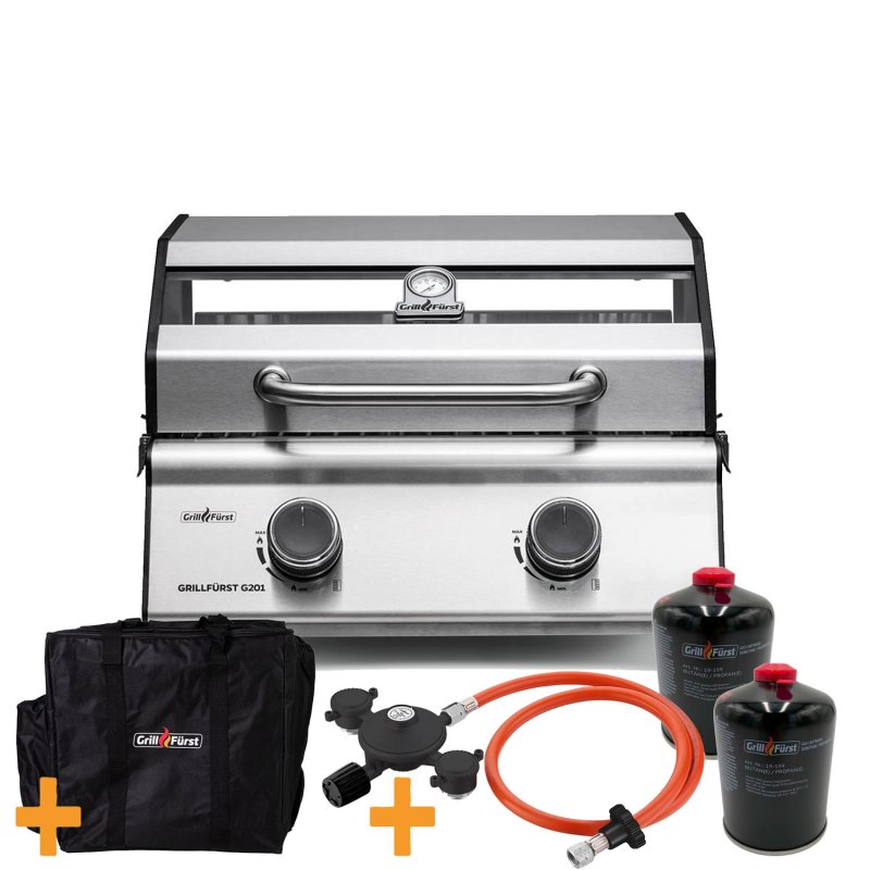 Grillfürst G201E 2-Brenner Gasgrill / Campinggrill / Balkongrill 50mbar - CAMPING SET BASIC - inkl. Tragetasche, Kartuschen-Druckregler und 2 Gaskartuschen