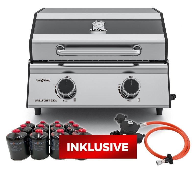 Grillfürst G201E 2-Brenner Gasgrill portabel v2 - Campinggrill / Balkongrill - X-DEAL inkl. Kartuschen-Druckregler 50 mbar und 12 Grillfürst Gaskartuschen