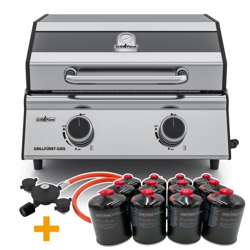 Grillfürst G201E 2-Brenner Gasgrill portabel v2 - Campinggrill / Balkongrill - X-DEAL inkl. Kartuschen-Druckregler 50 mbar und 12 Grillfürst Gaskartuschen