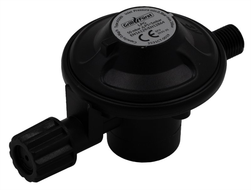 Grillfürst Einstufiger Druckminderer mit Absperrventil / 7/16" (Gaskartusche) x 1/4", 50mbar