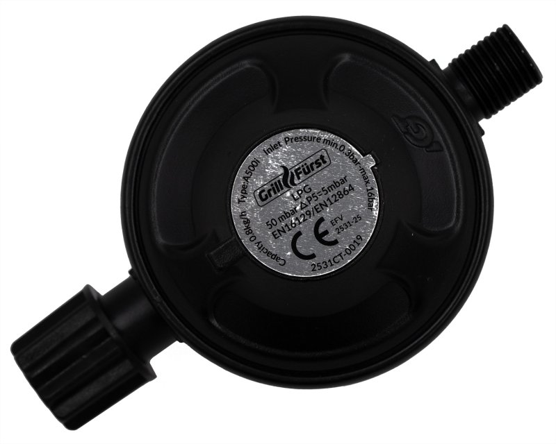 Grillfürst Einstufiger Druckminderer mit Absperrventil / 7/16" (Gaskartusche) x 1/4", 50mbar
