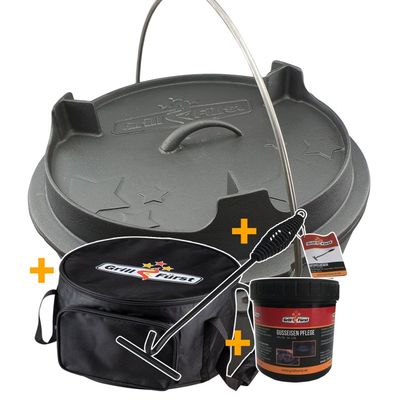 Grillfürst Dutch Oven Set BBQ Edition DO12 - X-DEAL inkl. Tragetasche, Gusseisen Pflege und Deckelheber