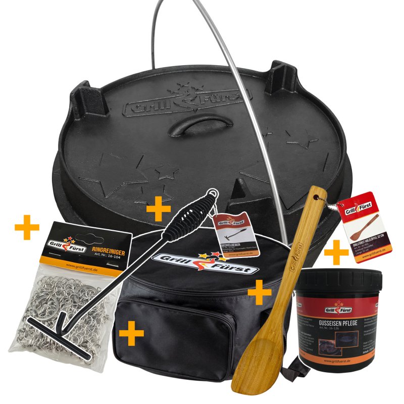 Grillfürst Dutch Oven Set BBQ Edition DO20 - X-DEAL inkl. Tragetasche, Gusseisen Pflege, Ringreiniger, Deckelheber und Bambus-Kochlöffel