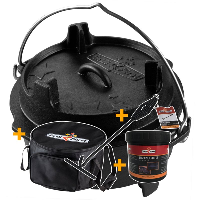 Grillfürst Dutch Oven Set BBQ Edition DO4 - X-DEAL inkl. Tragetasche, Gusseisen Pflege und Deckelheber